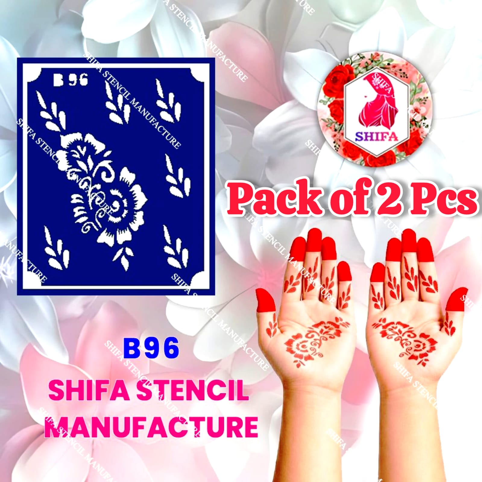 B96 (age 5 to 10) Floral Whisper Trails Double Hand Henna Stencil - Shifa Stencil